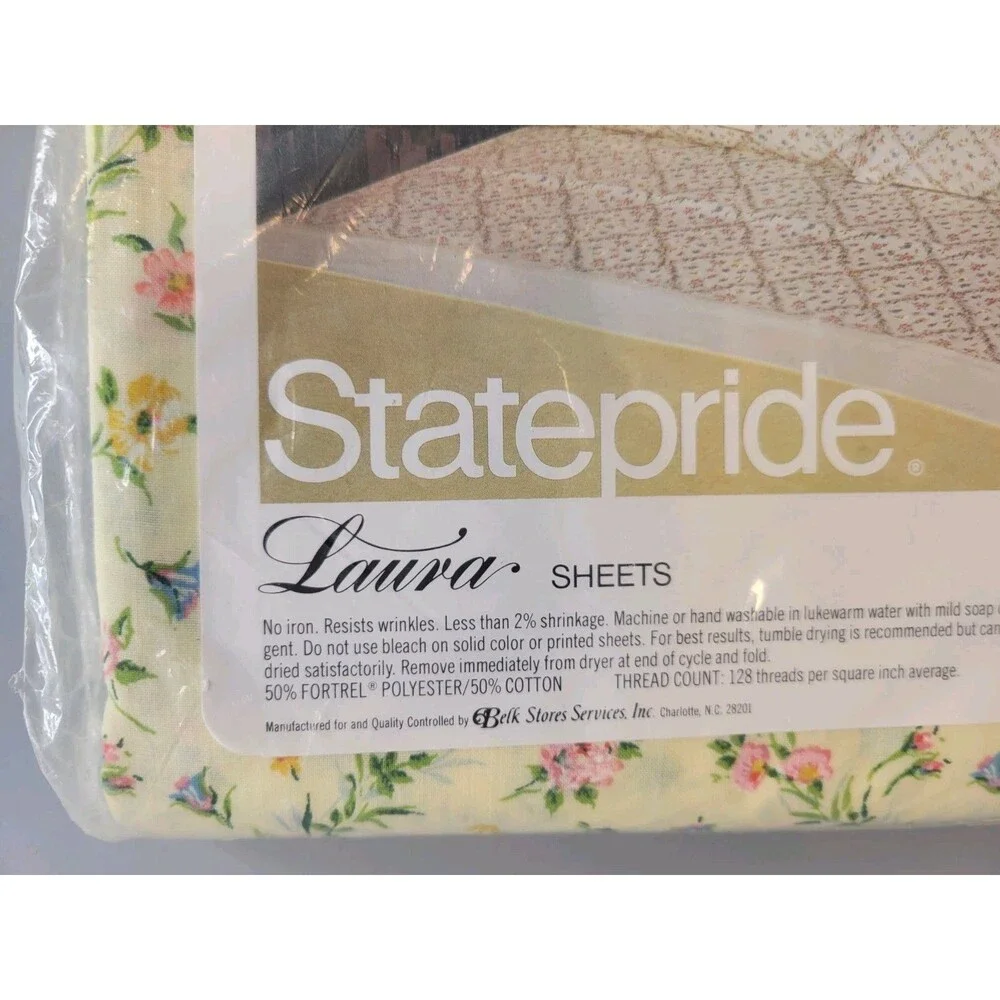 Vtg NOS Statepride Twin Flat Bed Sheet Floral Yellow Pink Scalloped Edge 70s